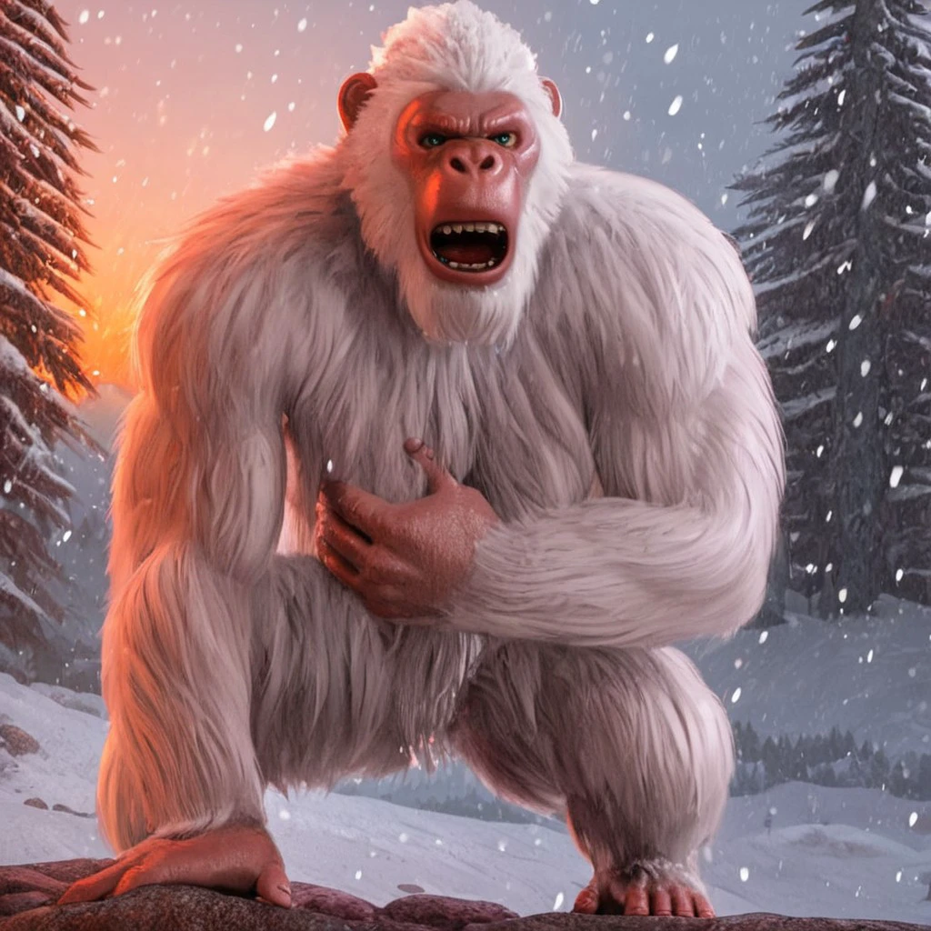 white fur, yeti, abominable snowman, big teeth, primate-like face, snowing, winter background, mountain, sunset, full body shot, shadows, details, fur details, trees, overcast, cave