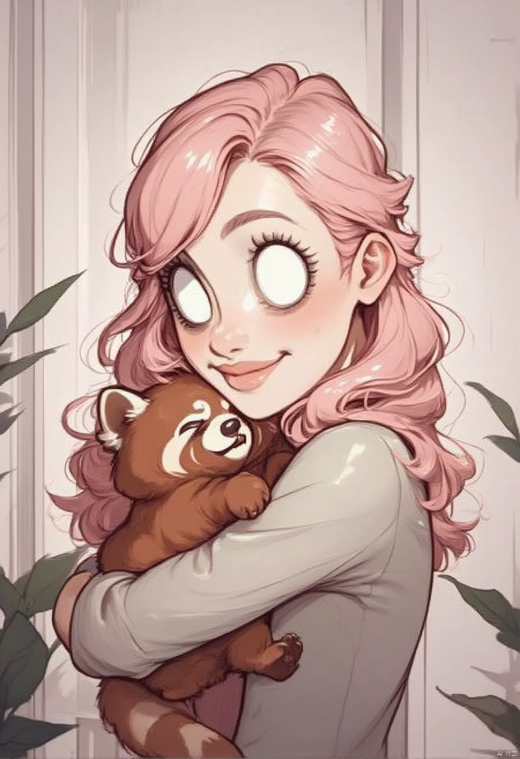 Don't Starve style,A cartoon drawing of a woman with long,wavy pink hair. She is holding a brown panda in her arms. The panda has a white face with black eyes and a black nose. She has a smile on her face. Her hair is pulled back in a ponytail. She's wearing a light gray shirt. Behind her is a white door. To the left of the panda is a green plant.