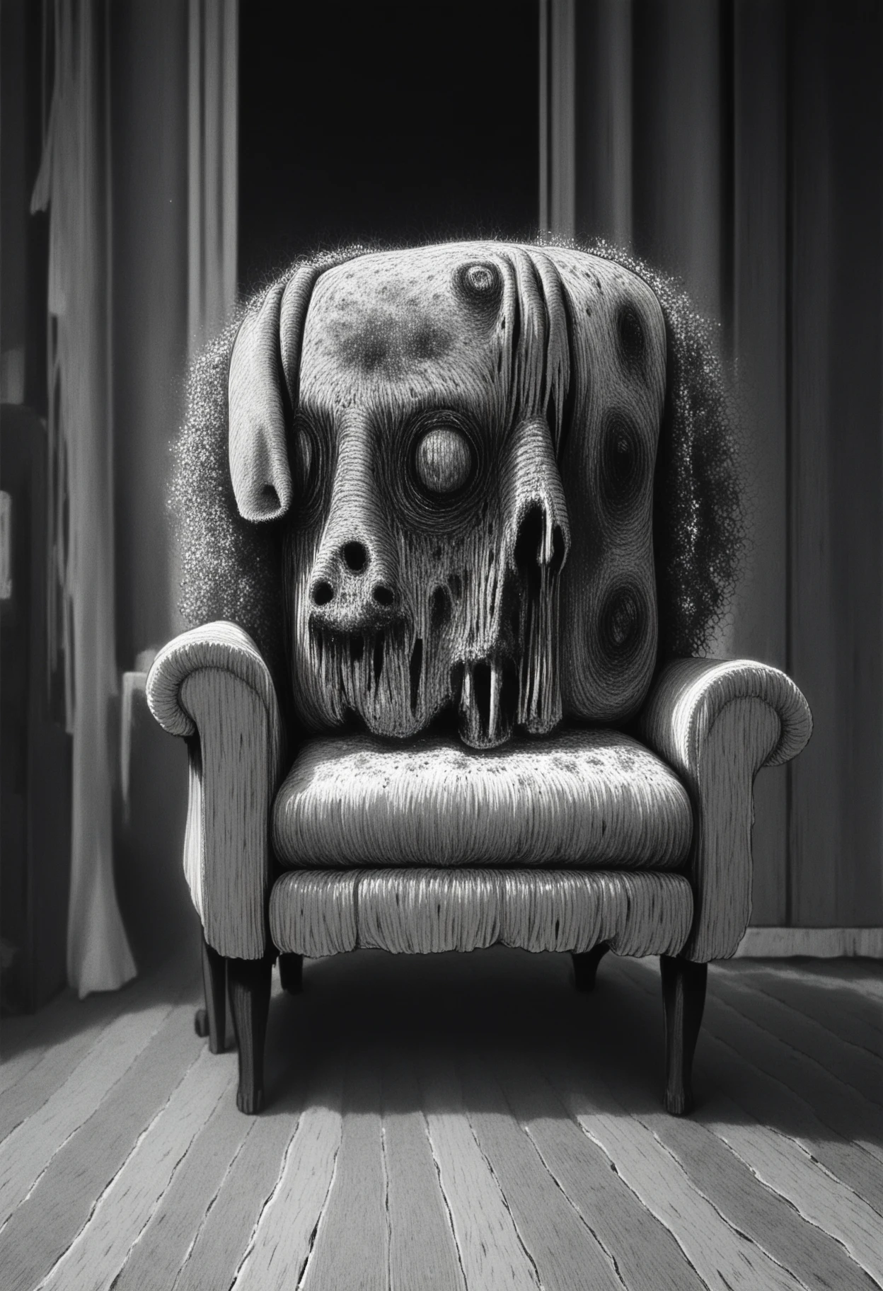 jitostyle, monochrome, greyscale, horror (theme), source_anime, safe_pos, score_9, score_8_up, score_7_up, chair, living room