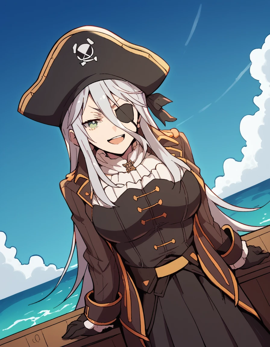 score_9, score_8_up, score_7_up, source_anime, <lora:sk-senko-s1-ponyxl-lora-nochekaiser:1>, senko, long hair, hair between eyes, green eyes, grey hair, large breasts,, <lora:pirate-costume-ponyxl-lora-nochekaiser:1>, pirate costume, pirate hat, skirt, gloves, jacket, shirt, eyepatch,, blue sky, sea, ocean, pirate ship, treasure, gold, smug, open mouth, from below, sitting,, , dutch angle, cowboy shot