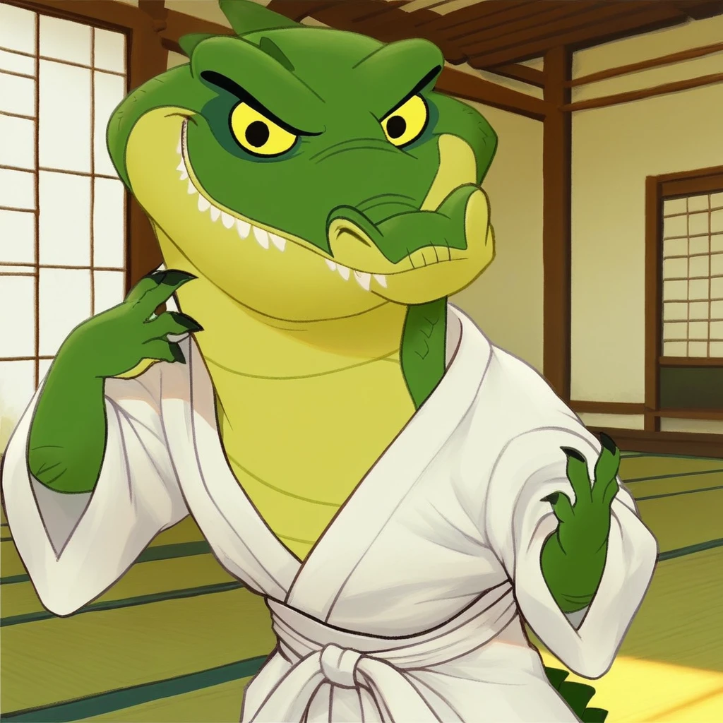 score_9, score_8_up, score_7_up, (((makuu, crocodile, scaly male))), solo, karate training, white karate kimono, traditional dojo, indoors