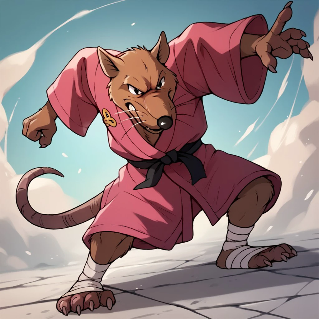 score_9, score_8_up, score_7_up, score_6_up, score_5_up, score_4_up, source_furry, Splinter87, anthro, male, rat,  brown fur, rat tail, barefoot, pink kimono,  foot wraps, action pose, <lora:f98219d2-3ae7-41dc-bcf2-7be4f2ca31f4:0.7>