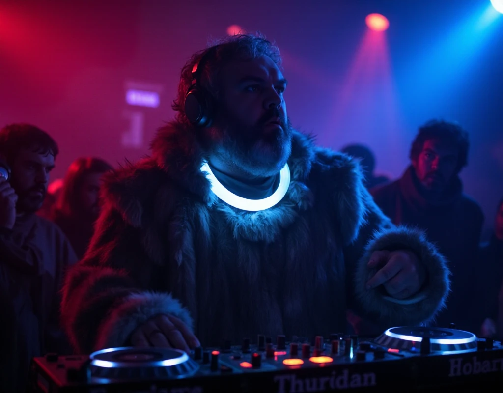 Hodor, a man dressed with fur is a dj and wears headphone. He is animating a party in a nightclub and he is having the time of his life. Showlights and laser. He wears a phosforescent ring around his neck <lora:Hodor:0.9>