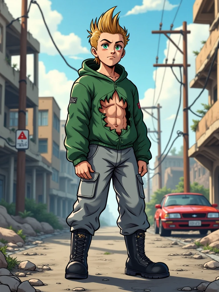 Solo, A Young man blonde hair green chaket whith hood and grey pants and black boots and green and blue eyes the chaket is broken and exposed the abs, lineart
BRAKE 
in street of big city post-apocalyptic , morning time , destroyed buildings,  abandoned cars, debris on the street
Ilustration high quality,  detailed background,  8k