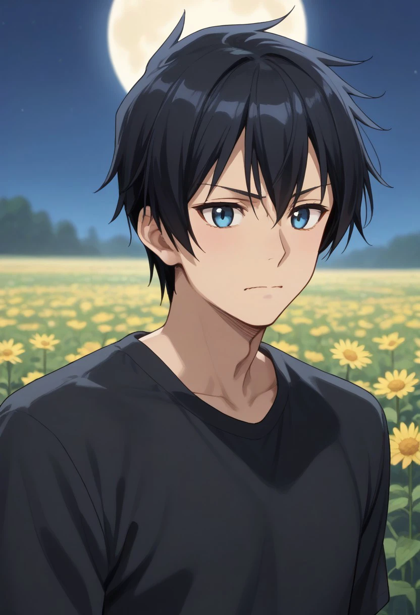 score_9, score_8_up, score_7_up, source_anime, rating_safe, , (realistic:0.6), , depth of field, 1boy, solo, male focus, , Shuu Sakurada,black hair,Dark hair blue,blue eyes,short hair,hair between eyes, bangs, asymmetrical, flower field, flowers, night, full moon, wavy mouth,black shirt,closed face