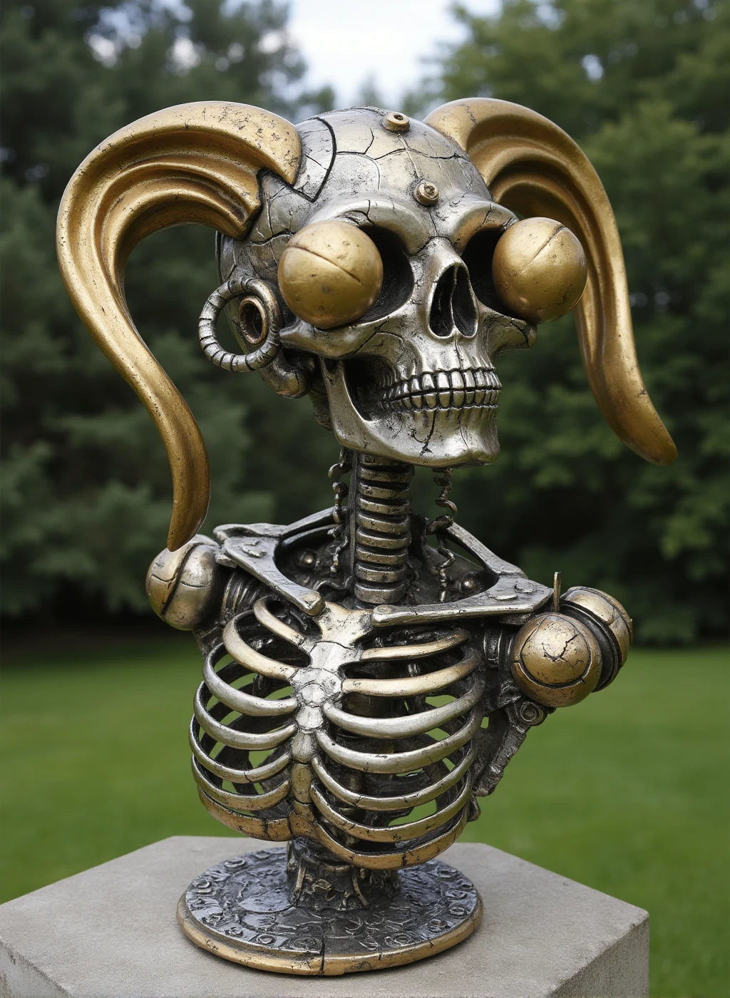 sculptur3 bizarre mechanic dreamy metallic skeletal with {silver|gold|red|plastic|natural stone|agate|fluorite}, surrealism art, fully body bust, museum piece, geometric modern fantasy design with a flair for the strange (outdoors scenic idyllic)