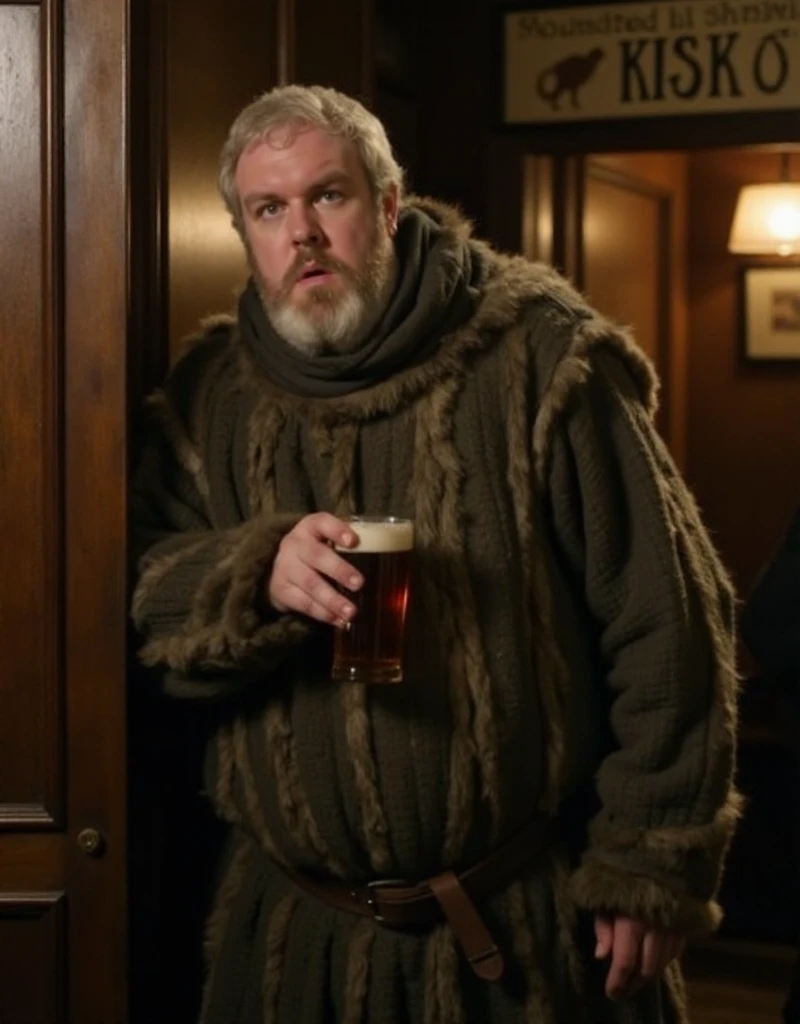 Hodor, a man dressed with fur is holding a beer and leans on a door in a pub<lora:Hodor:0.9>