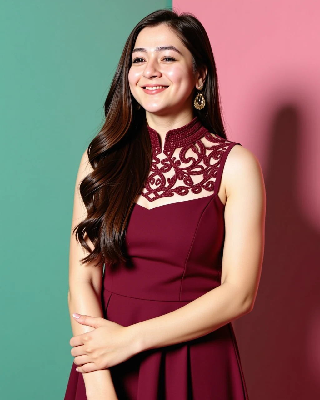 full body photo of Priyal Gor woman,candid photo with natural colors, laughing expression on face,studio quality, wearing intricate high neck elegant Maroon sleeveless Salwar Kameez, curls, pastel shaded multicolored background, cinematic lighting<lora:TestBed\Priyal_Gor_Flux_Kohya_V1-000002.safetensors:1.0:1.0>