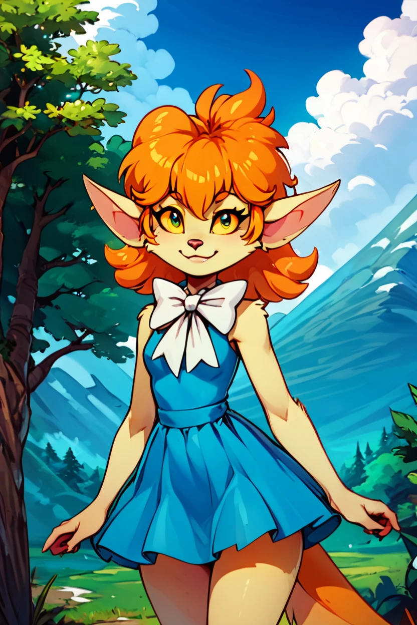 score_9, score_8_up, score_8, medium breasts, (curvy), cute, eyelashes,       BREAK, ,  ,,, <lora:WinnieWerewolf_PDXL:0.8>, zzWinnie, orange hair, pointy ears, 1girl, yellow sclera, yellow eyes, colored sclera, furry, colored skin, animal ears,   dress, bow, blue dress, white bow, bowtie ,,,  , BREAK, looking at viewer, smile, outdoors, sky, day, cloud, tree, blue sky, mountain, cowboy shot, ,,, embedding:zPDXL, Expressiveh, ,,, <lora:Alola_Style_PDXL:0.8>, <lora:CatalystStylePDXL:0.8>, <lora:Expressive_H-000001:0.4>,