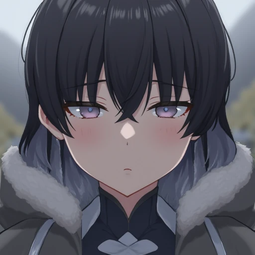 1girl, solo, black hair, hair between eyes, closed eyes, grey hair, multicolored hair, depth of field, crossed bangs, silver wolf \(honkai: star rail\), bronya zaychik, viewer kiss