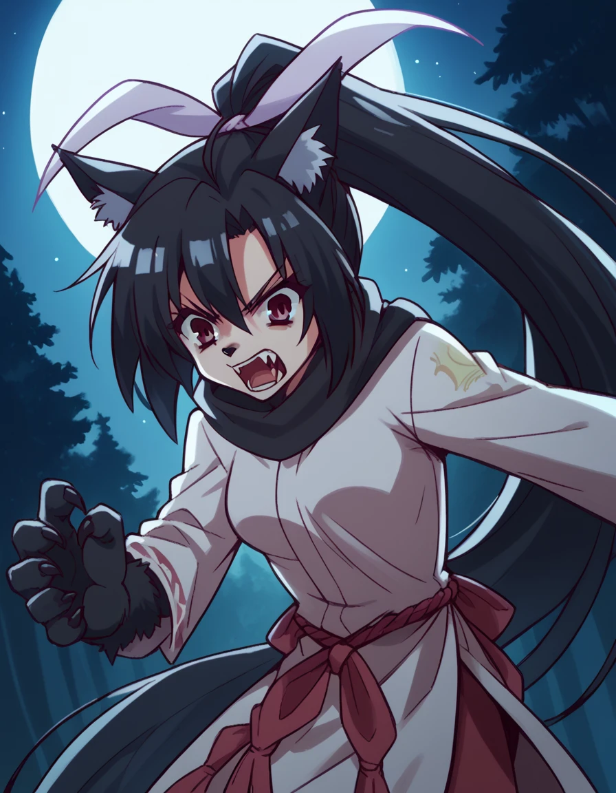 score_9, score_8_up, score_7_up, source_anime, <lora:hina-fuuma-AA-ponyxl-lora-nochekaiser:1>, hina fuuma, long hair, black hair, red eyes, hair ribbon, ponytail, medium breasts,, <lora:werewolf-ponyxl-lora-nochekaiser:1>, werewolf, furry, fangs, animal ears, gloves, angry, teeth, animal ear fluff,, forest, night, moon, open mouth, , dutch angle, cowboy shot