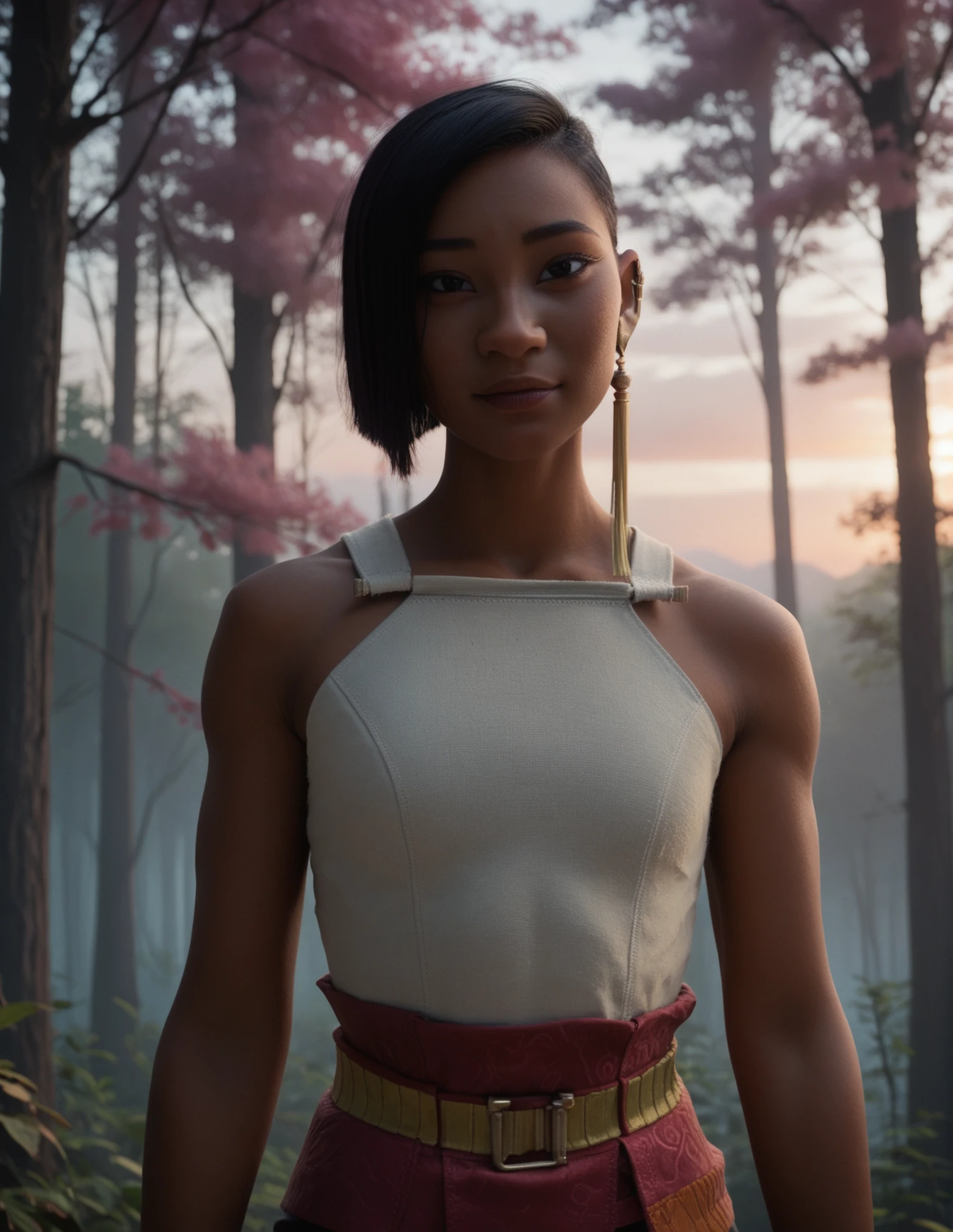 1girl, solo, high contrast, against light, dark ambience hyper realistic, black hair, sunset, sakura pink trees forest, looking at the viewer, dark skin, black hair, black eyes, earring, sleeveless, waist up, athletic <lora:Namaari:0.7> namaari, score_9, score_8_up, score_7_up, score_6_up