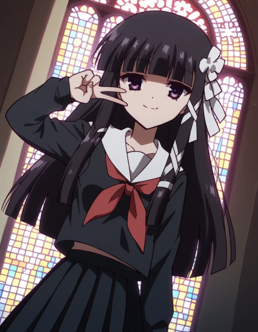 score_9, score_8_up, score_7_up, source_anime, <lora:momoko-suzuki-AA-ponyxl-lora-nochekaiser:1>, momoko suzuki, long hair, bangs, black hair, ribbon, purple eyes, hair ribbon, blunt bangs, hime cut, skirt, long sleeves, school uniform, pleated skirt, serafuku, black skirt, black serafuku, red neckerchief,, church, steeple, pews, altar, holy, smile, v, v over eyes,, looking at viewer, solo,, dutch angle, cowboy shot