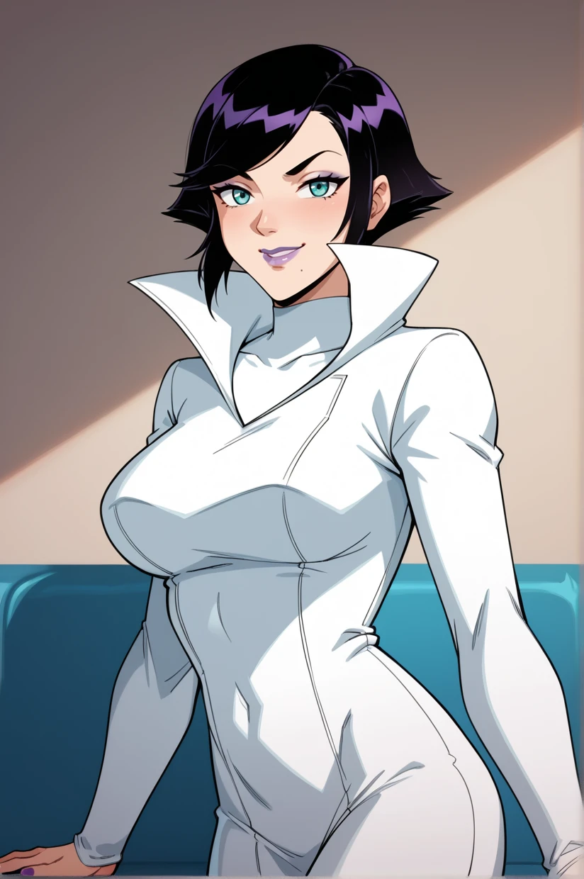 <lora:OliviaMendell-09:1> OliviaMendell, MOMSuit, black hair, short hair, aqua eyes, large breasts, mole over mouth, purple lipstick, makeup, nail polish, looking at viewer, popped collar, long sleeves, high collar, white turtleneck, white coat, white pantyhose, smile, 16k, masterpiece, absurdes, highly detailed, highres, high quality, best quality, score_9, score_8_up, score_7_up, score_6_up