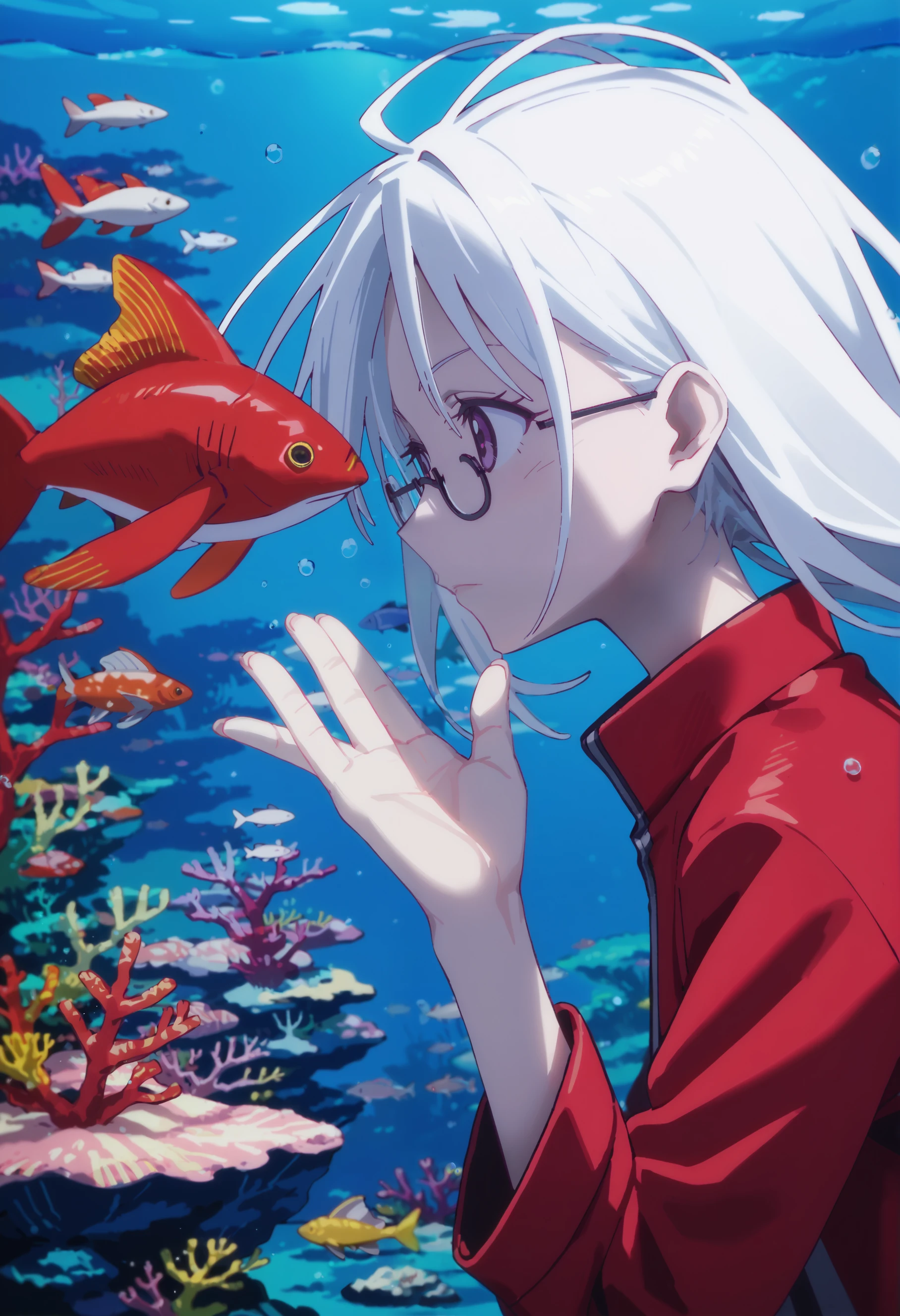 (score_9, score_8_up, score_7_up, source_anime, (Masterpiece:1.3), (best quality:1.2)), idaten_sty1e, 1girl, girl focus, glasses, fish, white hair, solo, underwater,  red jacket, from side, coral,<lora:idaten_deities:0.9>,detailed fingers,hand detail,purple outline,pink theme,white skin