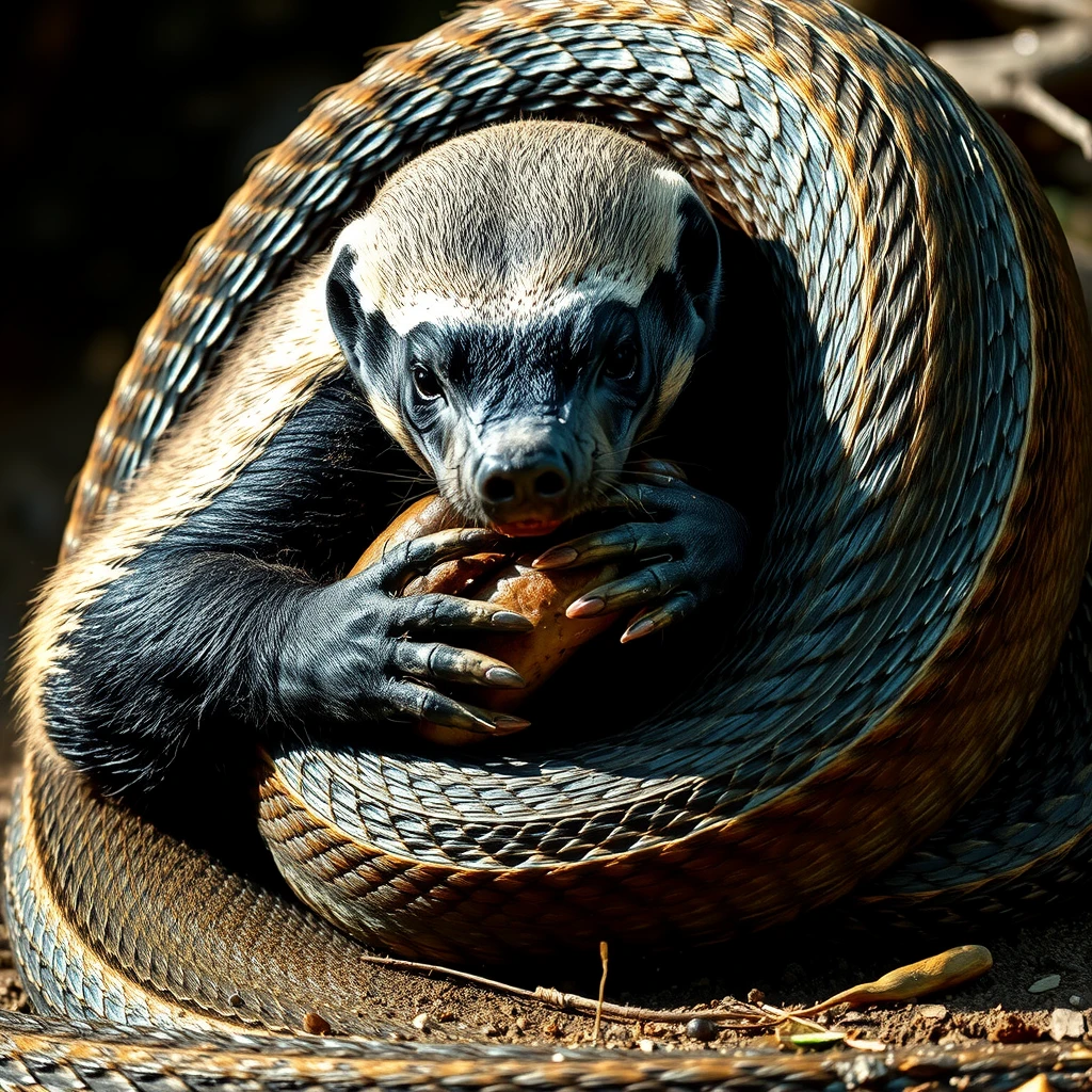 a honey badger fighting a large brownish-greenish anaconda. The snake wrapped its mighty rings around the honey badger, but the honey badger clung to the snake's head with its teeth. The scene is very expressive and the lighting and camera angle emphasize the tension of the fight <lora:honey_badger:1>