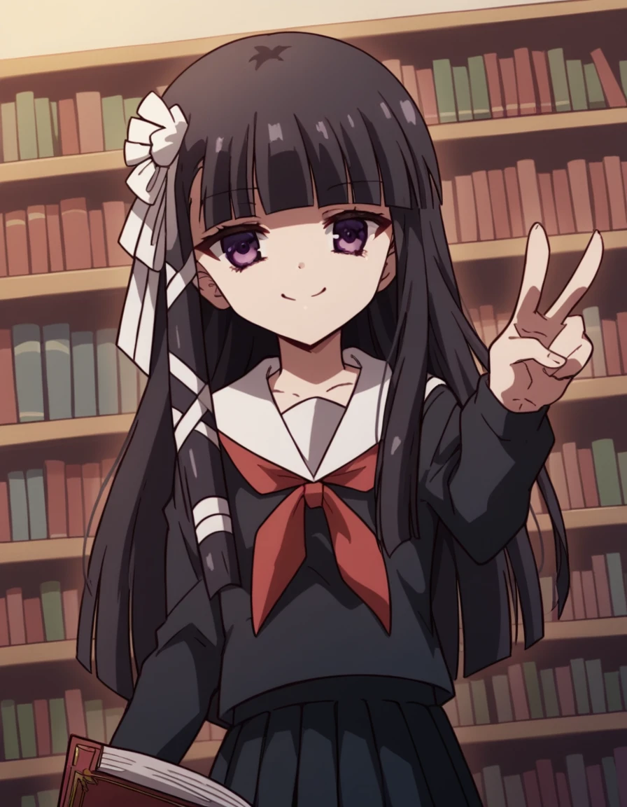 score_9, score_8_up, score_7_up, source_anime, <lora:momoko-suzuki-AA-ponyxl-lora-nochekaiser:1>, momoko suzuki, long hair, bangs, black hair, ribbon, purple eyes, hair ribbon, blunt bangs, hime cut, skirt, long sleeves, school uniform, pleated skirt, serafuku, black skirt, black serafuku, red neckerchief,, library, books, shelves, reading, quiet, smile, v, v over mouth, smug,, looking at viewer, solo,, dutch angle, cowboy shot