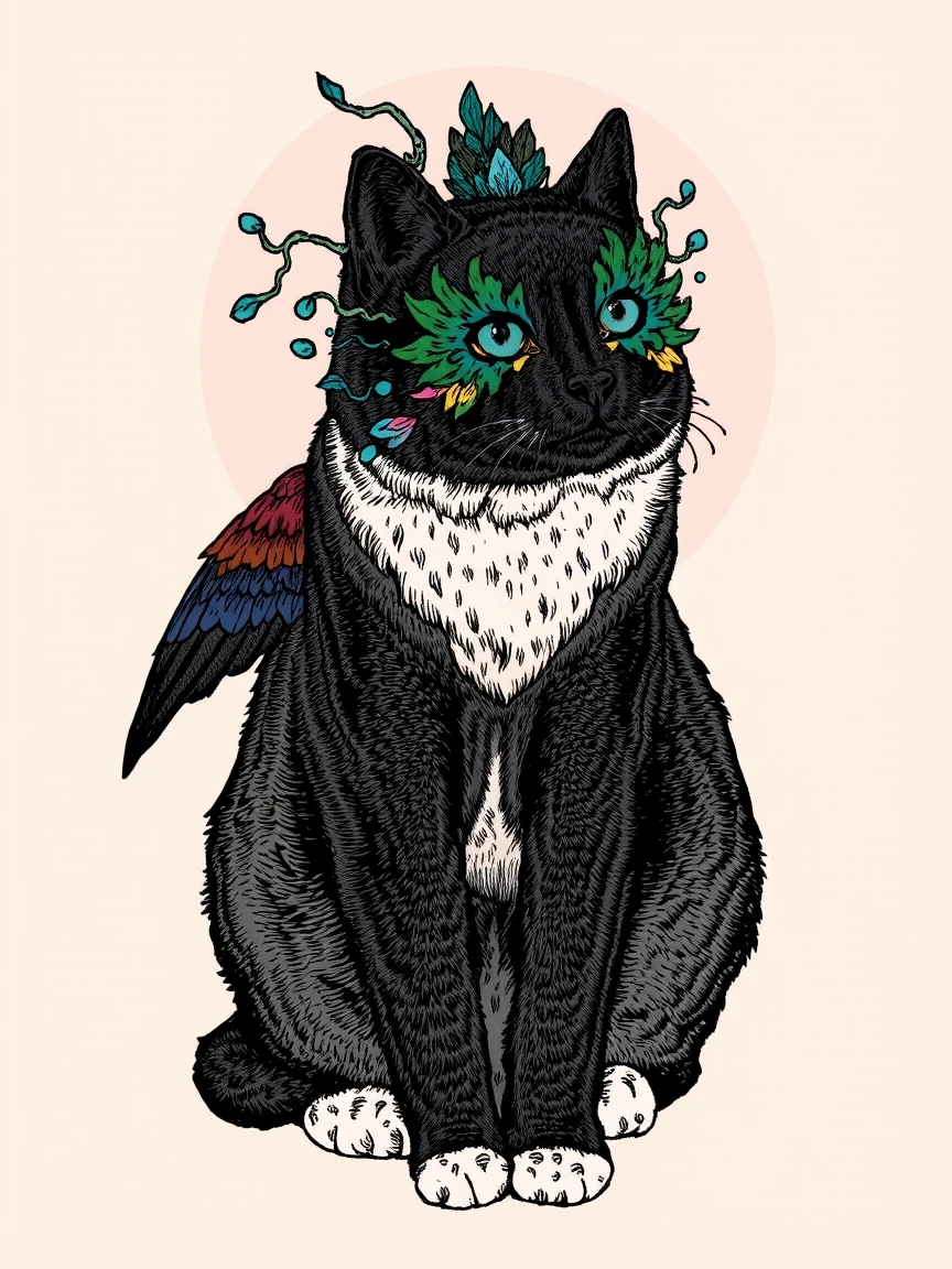 The image is a detailed, whimsical drawing in a digital medium, featuring a fantastical, hybrid creature that combines elements of a cat, bird, and mythical creature. The creature has a predominantly black fur coat with a white chest and paws. Its head is adorned with an elaborate, fantastical headdress featuring vibrant colors and textures, including green, blue, and pink feathers, as well as what appears to be a stylized, glowing, ethereal element. The creature's eyes are a striking blue, and it has a bird-like beak and wings, with the left wing being a detailed, intricately feathered appendage.