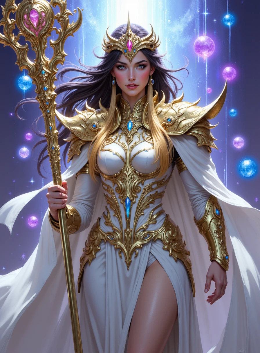 Justicar Syndra, a regal and elegant character, wearing ornate gold and white armor with flowing white fabric. She has long, dark hair with golden highlights, bright piercing eyes that glow with magic. Surrounding her are shimmering blue and purple magical orbs. She holds a majestic staff adorned with celestial motifs, set against a mystical, heavenly background. <lora:Celestium_Flux_v0.1:0.9>