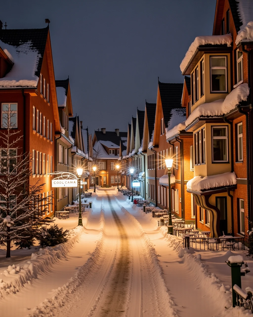 wintertime,heavy snoweing, cozy calm swedish little town on christmas eve. its dark and its snowing


