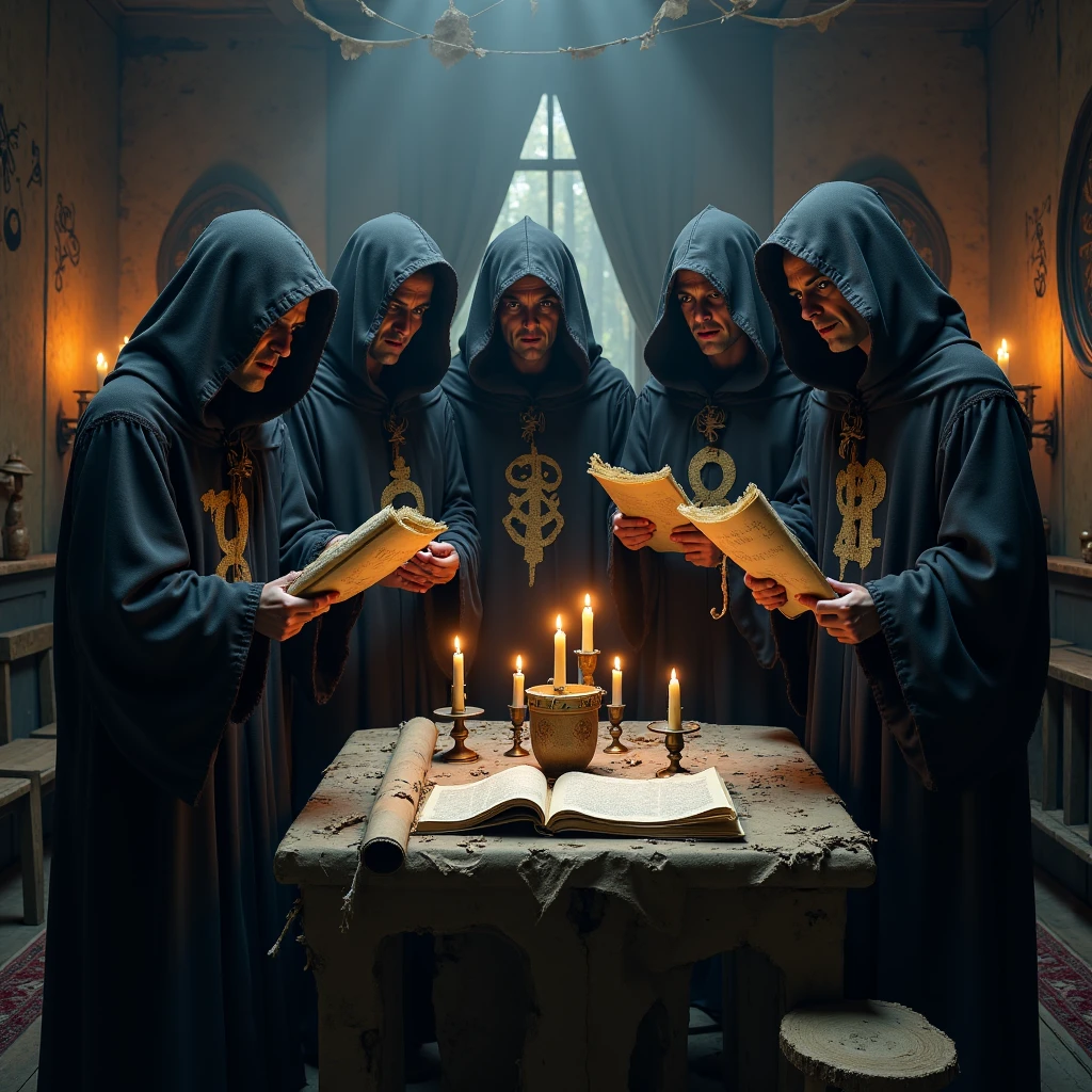 "Imagine a photorealistic image of members of the Elucidated Brethren of the Ebon Night gathered around a dimly lit, makeshift altar in a shadowy, candle-lit room. Dressed in dark, mismatched robes with awkwardly painted symbols, they hold tattered scrolls and chant with solemn expressions. The scene is both eerie and slightly comedic, capturing the amateurish dedication of their secret ritual."