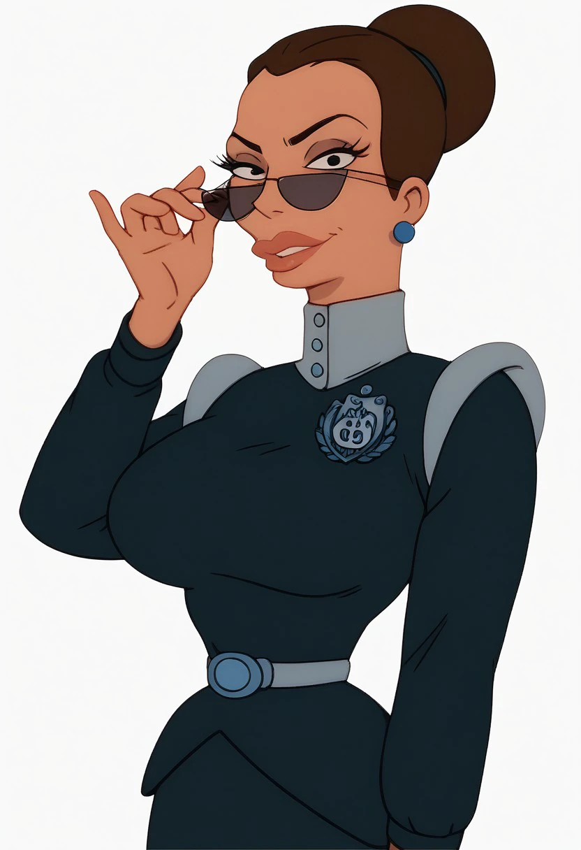 Score_9, score_8_up, score_7_up, best quality, 
Break, 
HMorgan Proctor, 1girl, single hair bun, glasses,Uniform, skirt, belt, badge, earrings, jewlery, side smirk, large breasts, looking at viewer, lips parted, upperbody, sunglasses, adjusting eyewear, looking at viewer, beautiful, close up,