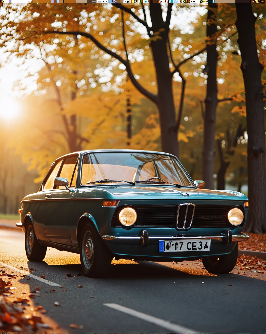 "High-resolution photograph of a retro, vintage BMW car from the 1970s, shown in a warm, golden hour setting. The car is parked on a quiet street lined with trees in autumn colors. The BMW has a glossy, well-maintained teal blue paint, chrome bumpers, and classic round headlights. Its vintage rims and iconic BMW grille add a sense of timeless elegance. Slightly rusted details enhance the nostalgic vibe. Soft sunlight filters through the trees, casting long shadows on the ground and highlighting the car's contours. Background blurred for focus on the car, with a subtle film grain texture for a classic, analog feel."