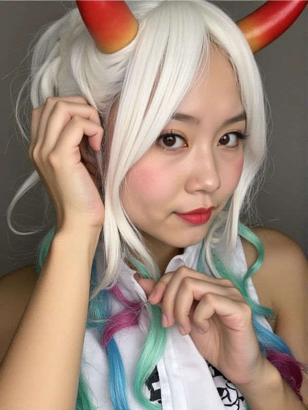 Yalamato is a white and multicolored hair woman with horns. Closeup face portrait <lora:Yamato:0.9>