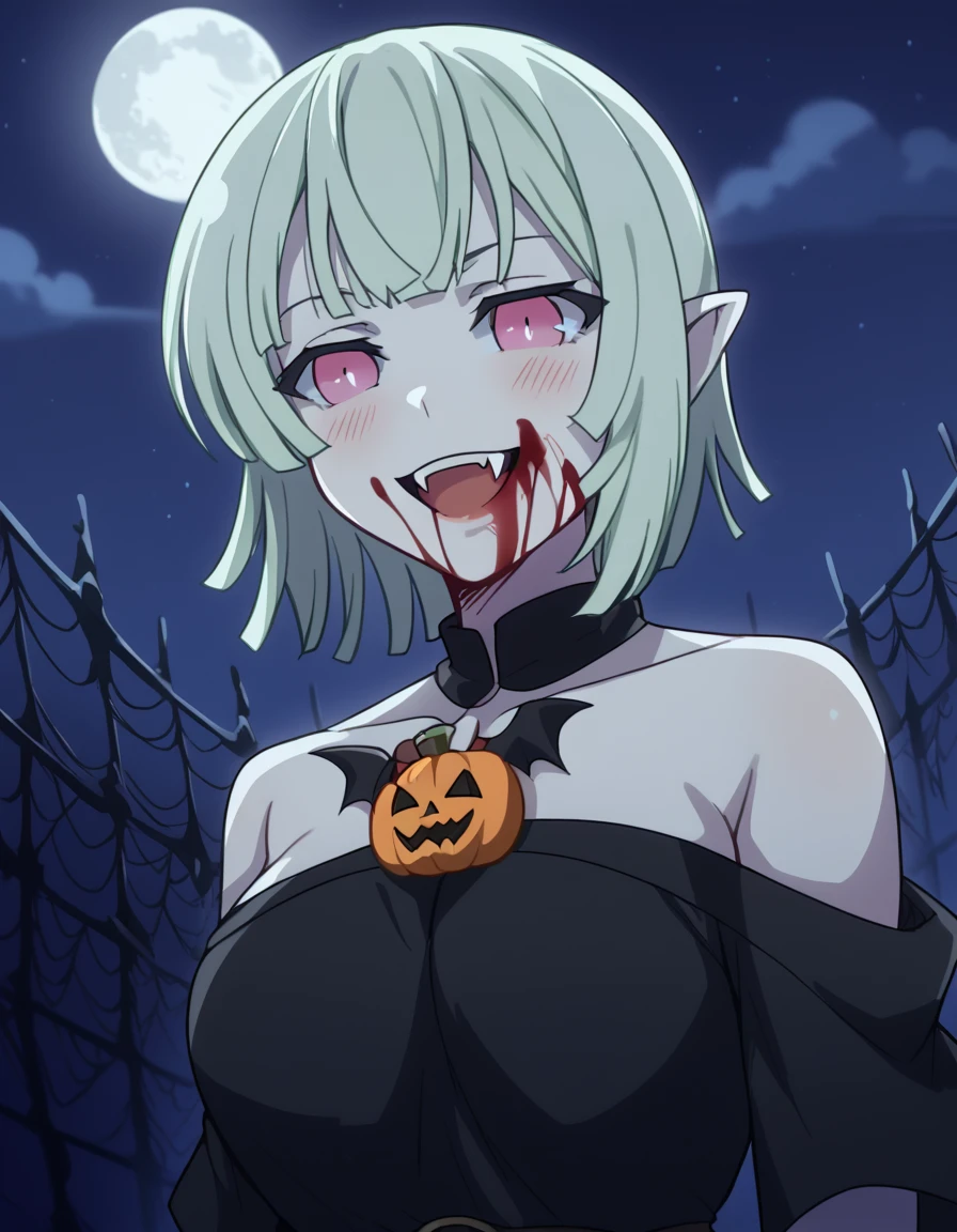 score_9, score_8_up, score_7_up, source_anime, <lora:sk-naraku-s1-ponyxl-lora-nochekaiser:1>, naraku, short hair, green hair, pink eyes, light green hair, large breasts,, <lora:vampire-ponyxl-lora-nochekaiser:1>, vampire, red eyes, pointy ears, fangs, black dress, wings, blood, blood on face, blood on mouth, bat (animal), halloween, halloween costume, upper teeth only, night, moon, blush, smile, open mouth, , dutch angle, cowboy shot