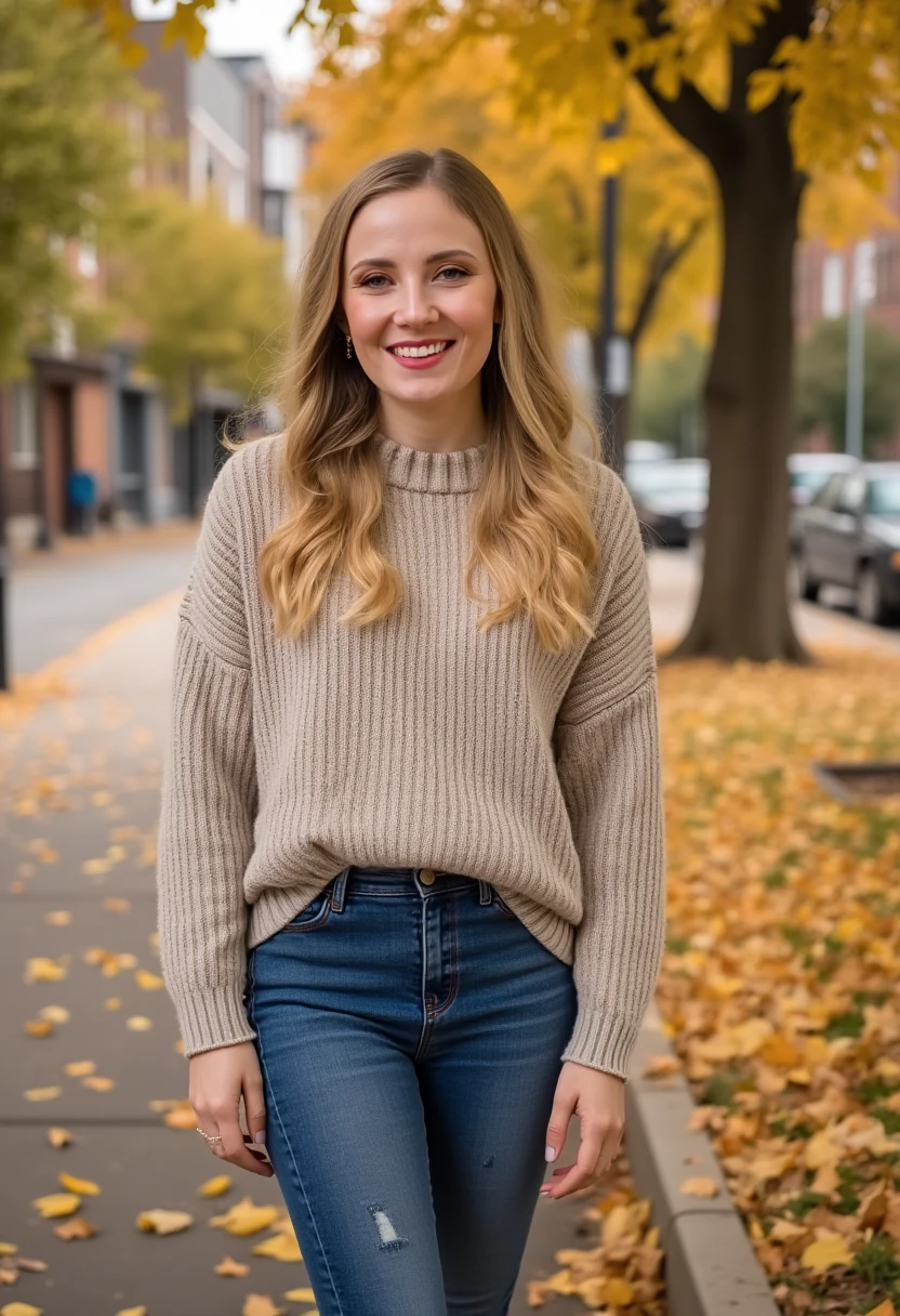 an amateur photo of emilyzarka, a smiling woman, wearing lipstick and modest casual autumn clothes and jeans on a sunny autumn day. Golden leafs on the ground.