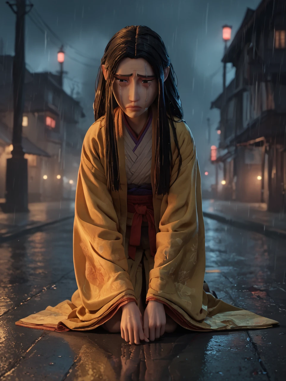 score_9, score_8_up, score_7_up, score_6_up, BREAK, KubSariatu, 1girl, solo, long hair, black hair, scar, kimono, sad face, crying, head down, bend over, kneeling on the ground, raining, outdoor, frown, burning city in the background, wet, moonlight, Volumetric Lighting <lora:Sariatu2:0.8>