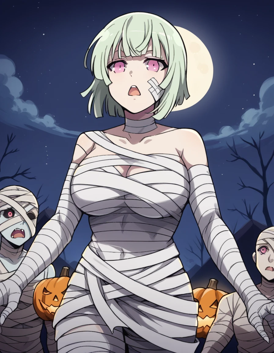 score_9, score_8_up, score_7_up, source_anime, <lora:sk-naraku-s1-ponyxl-lora-nochekaiser:1>, naraku, short hair, green hair, pink eyes, light green hair, large breasts,, <lora:mummy-costume-ponyxl-lora-nochekaiser:1>, mummy costume, bandages, halloween costume, bandaged arm, zombie pose, bandage on face,, desert, moon, night, open mouth, , dutch angle, cowboy shot