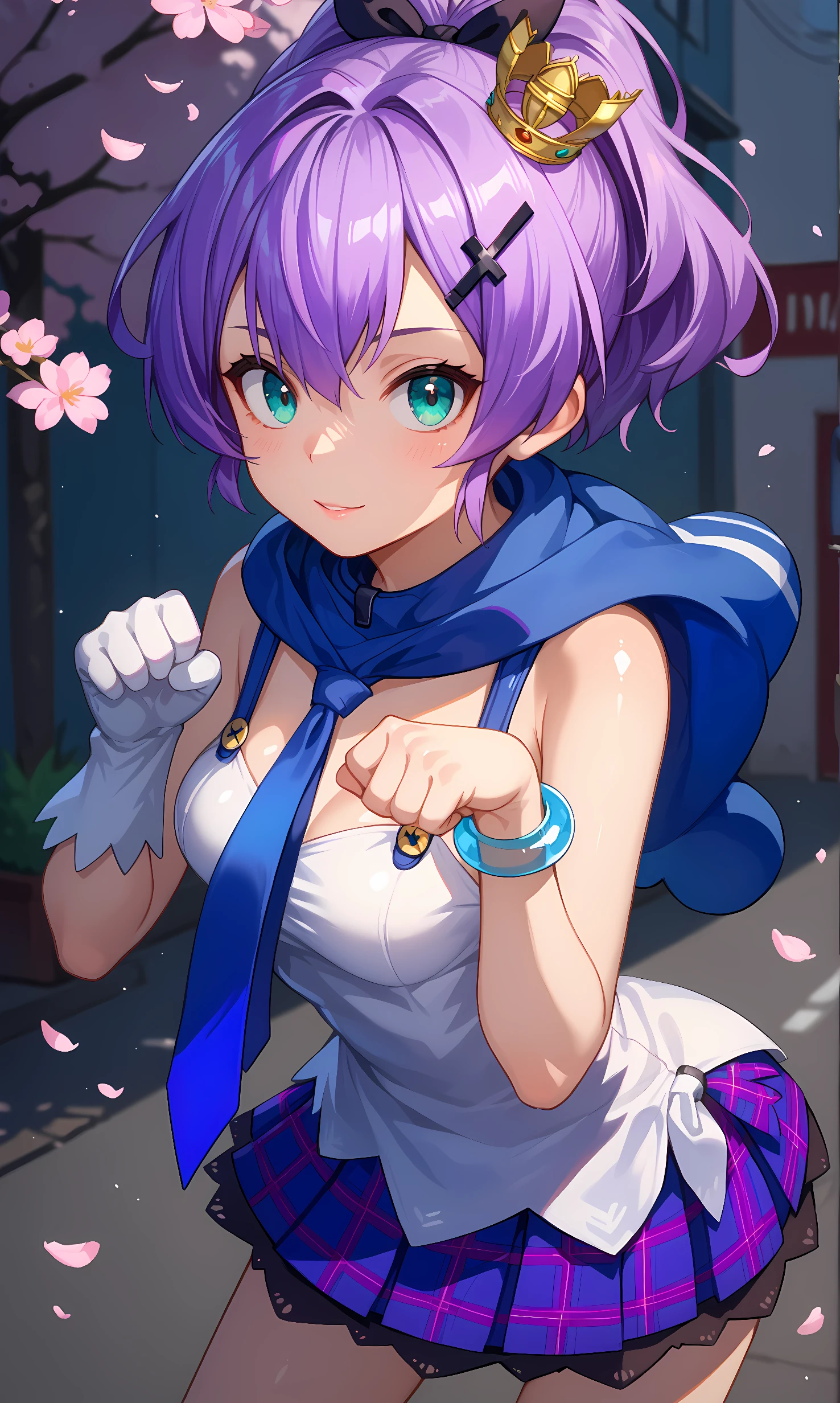 score_9, score_8_up, score_7_up, source_anime, 1girl, solo, outdoors, street, cherry blossoms, cowboy shot, standing, looking at viewer, shiny skin, javelin, aqua eyes, purple hair, short ponytail, black bow, hair bow, cross hair ornament, mini crown, blue scarf, blue necktie, single glove, white glove, bracelet, purple skirt, pleated skirt, plaid skirt, white camisole, black socks, footwear, paw pose, leaning forward 