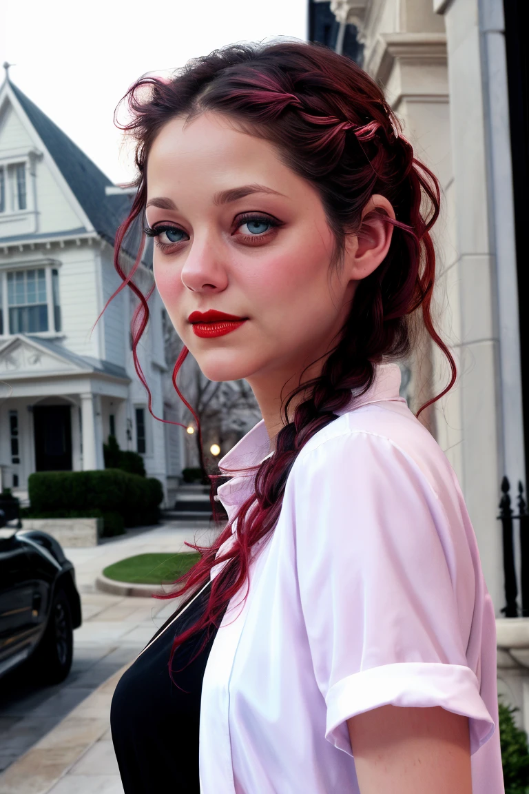 maricott-530, ((detailed eyes, detailed face, masterpiece, best quality, high resolution):1.2),  ((red lipstick, blush, eyeliner, eye shadow)),  a photo of a woman, double braids, simple black dress, white shirt, cloudy, gloomy, outdoors, large two story victorian house in background, serious