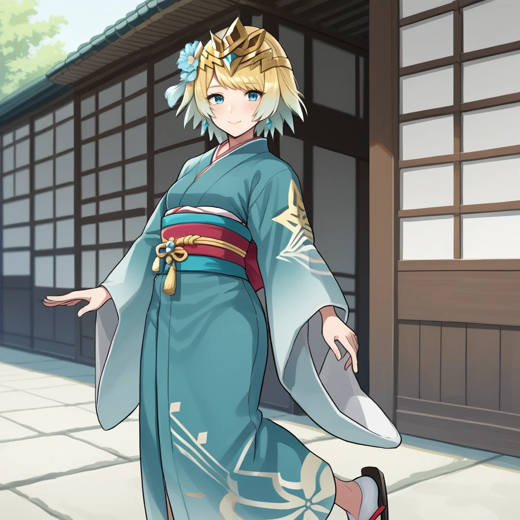 score_9, score_8_up, score_7_up, score_6_up, score_5_up, score_4_up, zPDXL2,source_anime,rating_questionable, 1girl, solo, smile, looking at viewer, outdoors, <lora:Fjorm_-_Fire_Emblem_Heroes:0.8>fjorm_FEH,gradient hair, multicolored hair, short hair, blonde hair, bangs, blue eyes, kimono, tabi, hair ornament