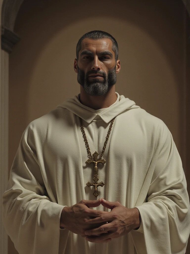 movie scene, still of gigachad man,
as a (priest:1.3),in a church, white robes, muscular, (holy cross locket:1.1)
, faded colors, washed out image, film grain, 90s analog photo
