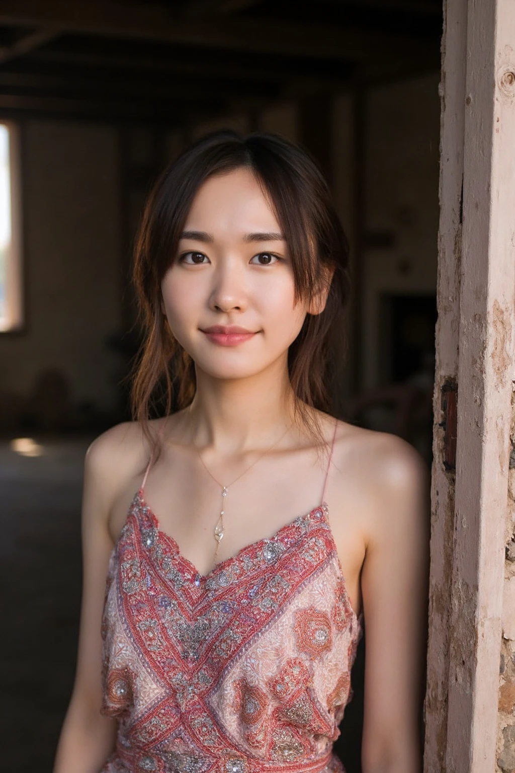 bright photo of beautiful asian girl with pale skin wearing bohemian dress, inside a rustic house, necklace, dslr, studio lighting, high quality,  light reflections,<lora:flux_realism_lora:1>,<lora:makinaflux_aragakiyui_v1.0:1>