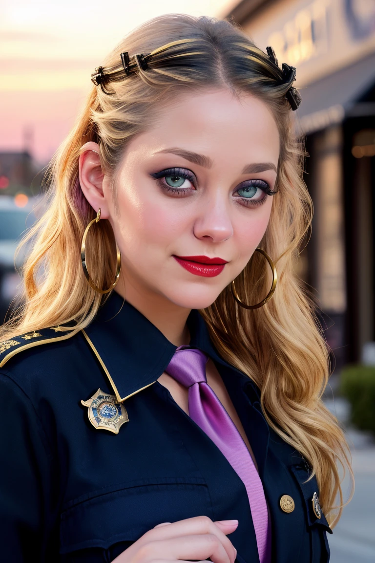 maricott-530, ((detailed eyes, detailed face, masterpiece, best quality, high resolution):1.2),  ((red lipstick, blush, eyeliner, eye shadow)),  , ((modest, conservative, fully clothed):1.2) , ((blonde hair)), 1girl, solo, hoop earrings, bracelets, beautiful photograph, dreamy, surreal, trending, art deco, , a photo of a woman, ((detailed eyes, detailed face, award winning, high resolution, masterpiece, best quality, extremely detailed)), (dark lipstick, heavy eye shadow, heavy eyeliner, pale skin, goth makeup), ((outdoors, neighborhood, homes, at night, fire, explosions, firefighter jacket, necktie, shirt, badge)), smile