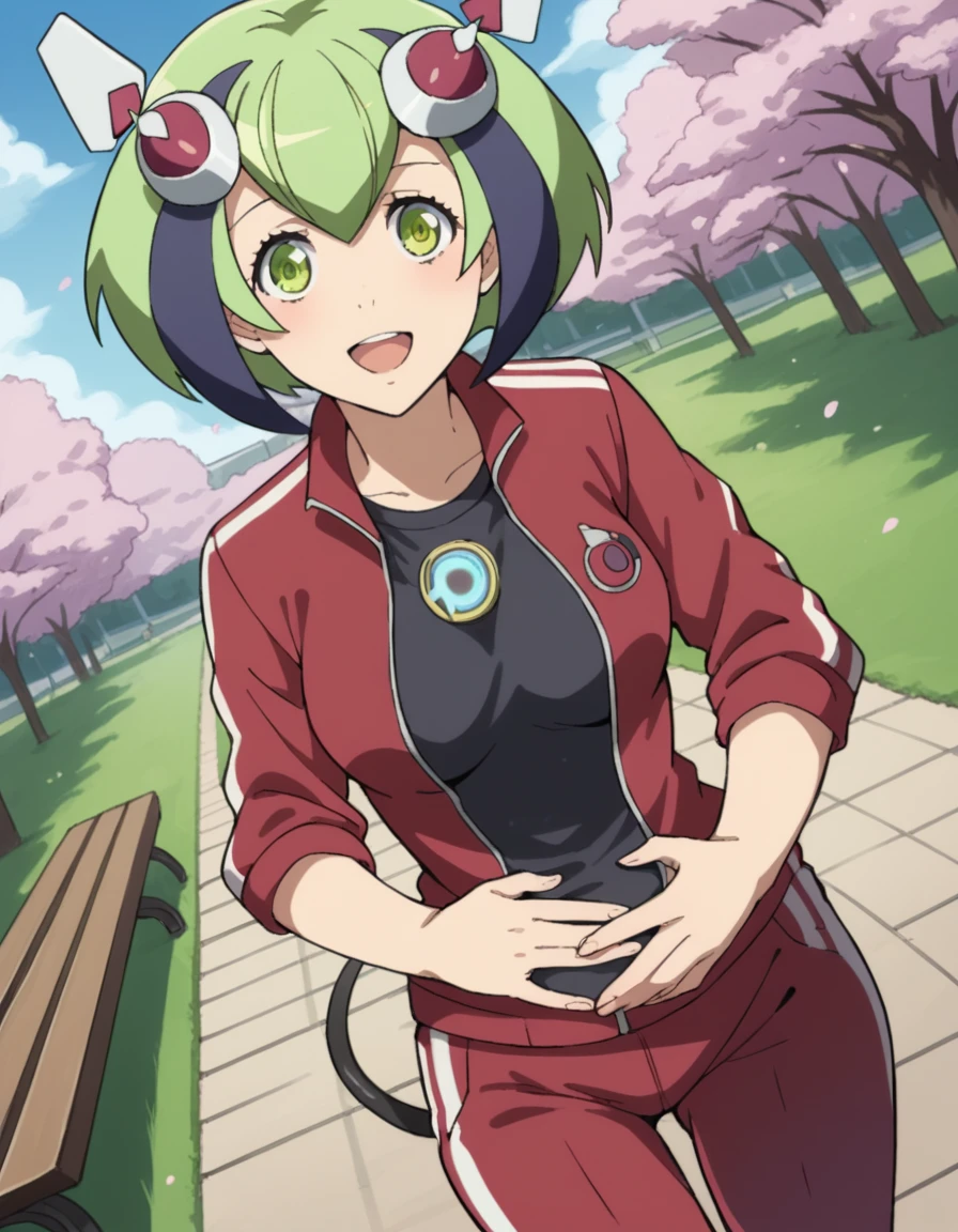 score_9, score_8_up, score_7_up, source_anime, <lora:mira-yurizaki-s1-ponyxl-lora-nochekaiser:1>, mira yurizaki, short hair, medium breasts, green eyes, multicolored hair, green hair, two-tone hair, streaked hair, headgear, android, mechanical tail, cable, tail, medium breasts,, jacket, pants, track suit, red jacket, red pants, black shirt,, park, cherry blossoms, bench, gentle breeze, peaceful, running, open mouth, smile, hand on stomach, blush,, looking at viewer, solo,, dutch angle, cowboy shot