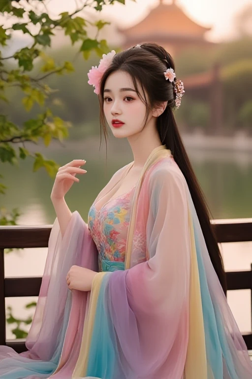 medium shot, 1girl, a young woman, a chinese female, straight neckline dudou, floral embroidery pattern wide sleeves, see through chiffon hanfu, see through chinese clothes, skinny, petite, moist eyes, hourglass figure, fair skin, hair ornament, hair flower, braided updo, long hair, forehead mark, facial mark, chinese palace, realistic, portrait, garden, waterside, willow, railings, rainbow gradient dress, gesture, sunset, <lora:TangfengNetidolFace_flux:1>