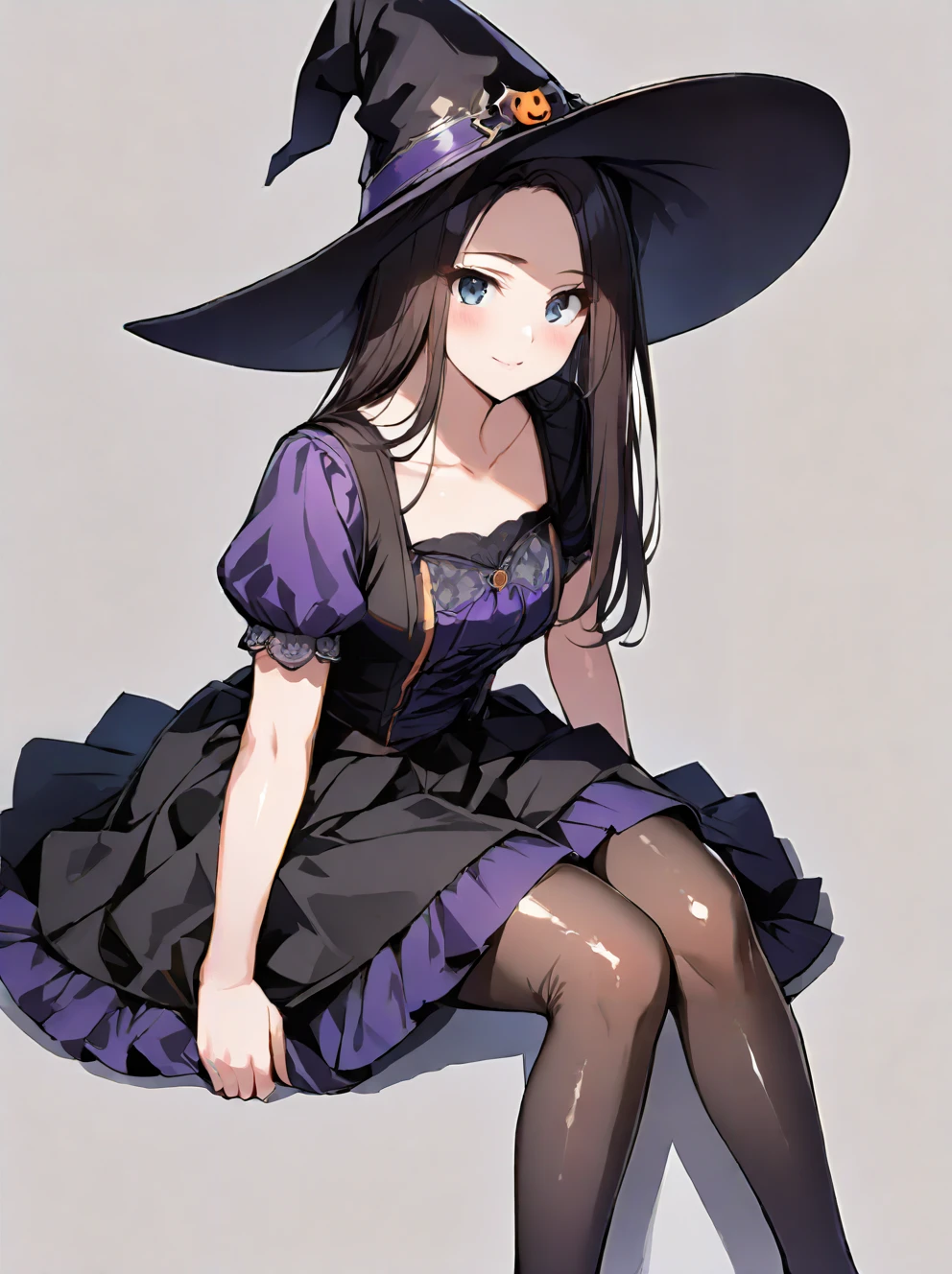 masterpiece,ultra-detailed,best quality,8K,illustration,cute face,clean skin ,shiny hair,girl,ultra-detailed-eyes,simple background <lora:witch_illustrious_V1.0:0.7> jyojifuku, witch, witch hat, dress, pantyhose, halloween, skirt,sitting,