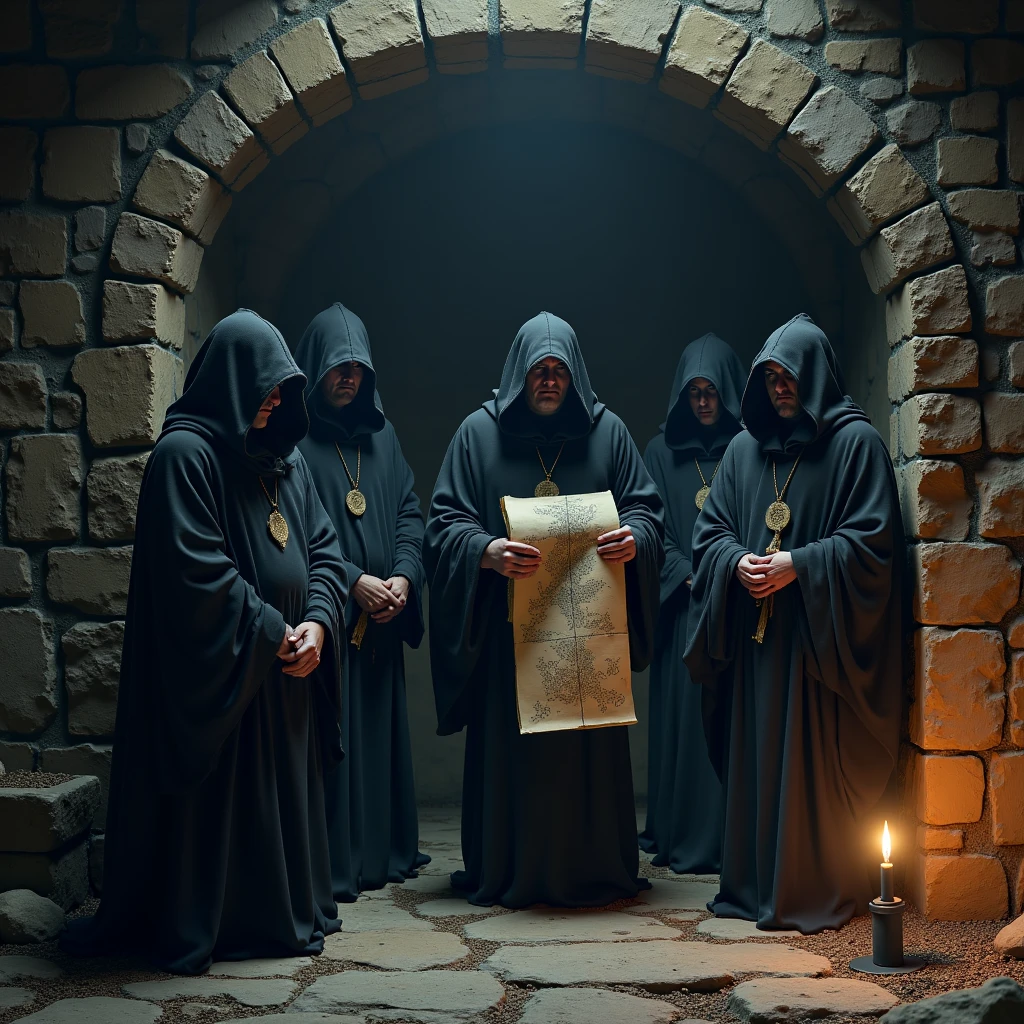 "Imagine a photorealistic image of the Elucidated Brethren gathered under a stone archway in the dead of night, one of them holding a crudely drawn map while others peer over his shoulder. They’re dressed in dark, loosely fitting robes, with some members wearing oversized hoods that obscure their faces. The scene is illuminated by a single, flickering lantern that casts deep shadows, giving an air of suspense and disorganization."