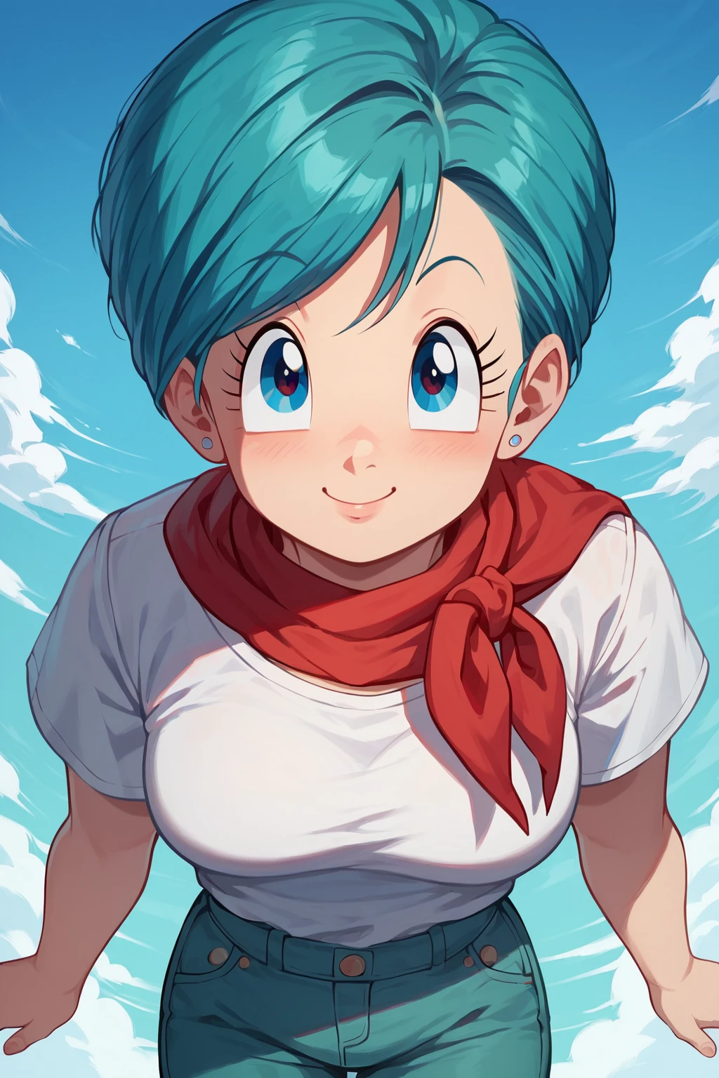 score_9, score_8_up, score_7,   4K definition, high defitinition, best quality, master piece, great artist,   dynamic angle, good coloring, good shadows, highly detailed,  solo, 1girl,looking at viewer, blue sky, bulma, white shirt, red scarf, <lora:Bulma:1>