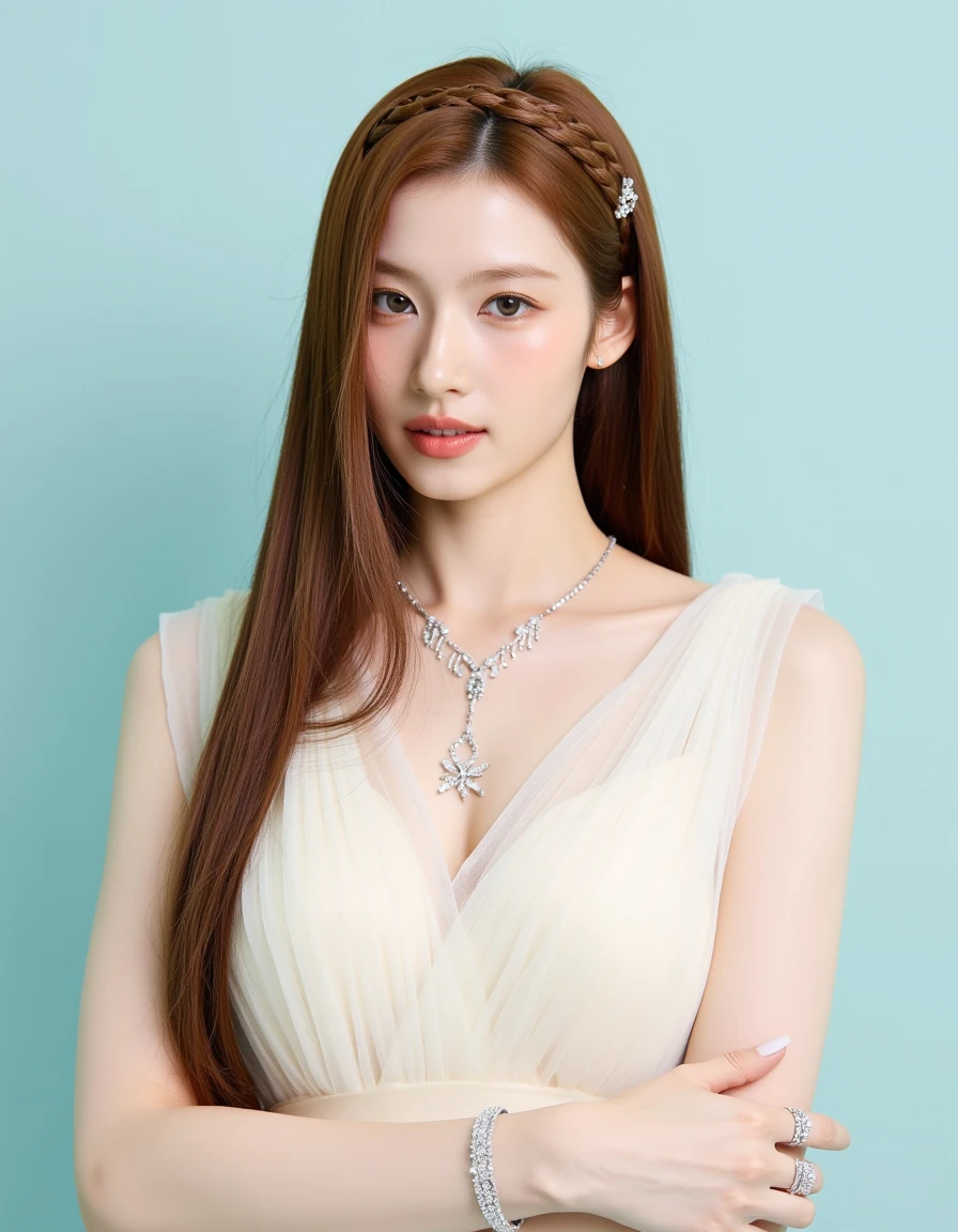 This is a high-resolution, professional photograph featuring a young woman with fair skin and long, straight, auburn hair. She has a delicate, elegant appearance with a soft, natural makeup look that highlights her almond-shaped eyes and full lips. Her hair is styled with a subtle, braided headband that adds a touch of sophistication.
She is wearing a sleeveless, off-white dress made of a delicate, sheer fabric that has a slightly textured, ruffled design. The dress has a plunging neckline that showcases her slender neck and collarbone. Around her neck, she wears a delicate, silver necklace adorned with small, sparkling stones that cascade down her chest. On her left hand, she has a matching bracelet with the same small, sparkling stones, and on her right hand, she has a ring and a bracelet that also feature the same sparkling stones.
The background of the photograph is a soft, pastel blue, which contrasts gently with her fair skin and the white dress, making her the focal point of the image. The overall mood of the photograph is serene and refined, emphasizing the beauty and elegance of the subject. <lora:sana_neurocanvas_v1:1>
