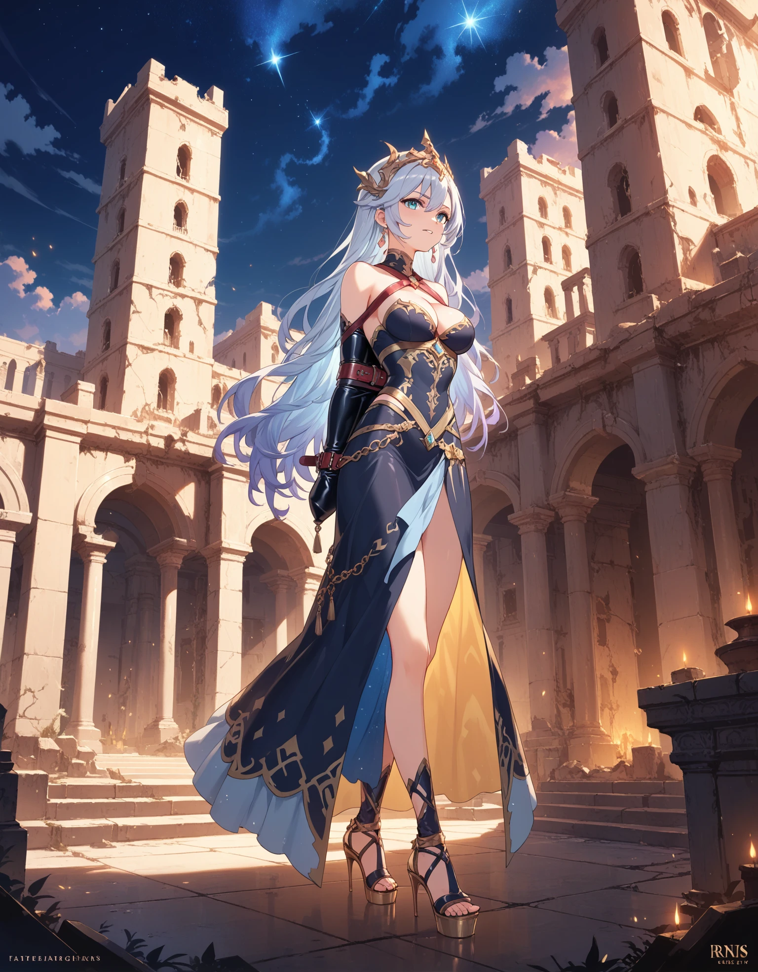 ethereal fantasy concept art of young girl wear armbinder walking in ruins,high heels,sandals,black_dress,arms behind back,bound,restrained,cleavage,armbinder,restrained,night,<lora:ArmbinderPony:1>,, score_9, score_8_up, score_7_up, . magnificent, celestial, ethereal, painterly, epic, majestic, magical, fantasy art, cover art, dreamy