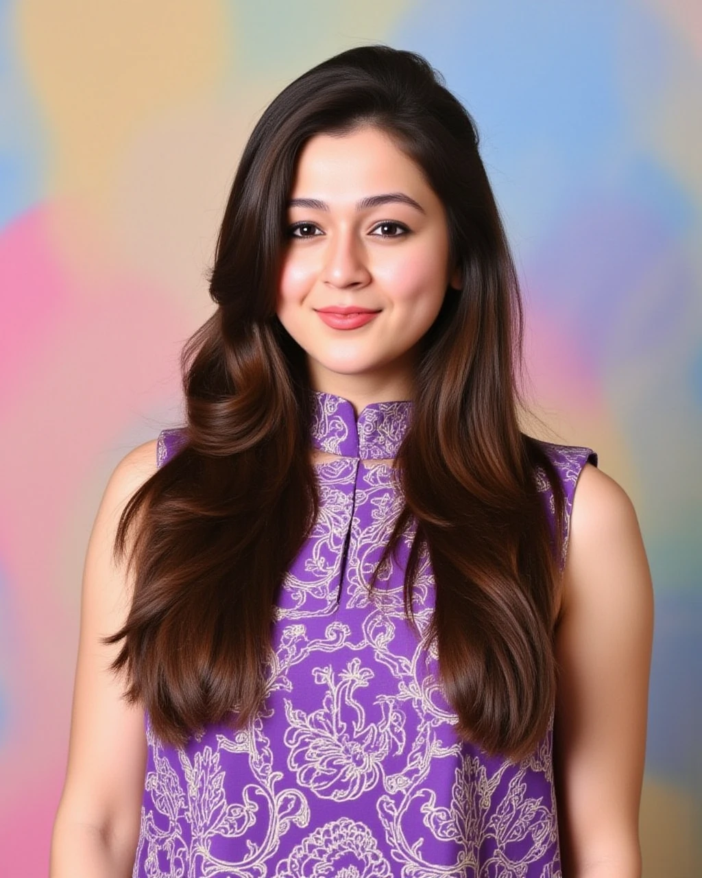 headshot photo of Priyal Gor woman,candid photo with natural colors, pouting expression on face,studio quality, wearing intricate high neck elegant Purple sleeveless Kalamkari Dress (hand-painted fabric), straight hair, pastel shaded multicolored background, cinematic lighting<lora:TestBed\Priyal_Gor_Flux_Kohya_V1-000002.safetensors:1.0:1.0>