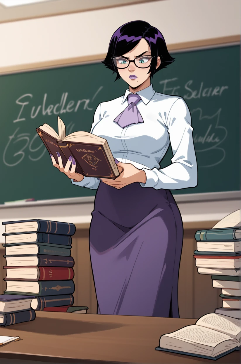 <lora:OliviaMendell-09:1> OliviaMendell, black hair, short hair, aqua eyes, large breasts, mole over mouth, purple lipstick, makeup, nail polish, looking down, long sleeves, MOMTeacher, book, glasses, purple skirt, long skirt, teacher, chalkboard, pencil skirt, purple ascot, holding, white shirt, standing, book stack, indoors, reading book, serious, holding book, 16k, masterpiece, absurdes, highly detailed, highres, high quality, best quality, score_9, score_8_up, score_7_up, score_6_up