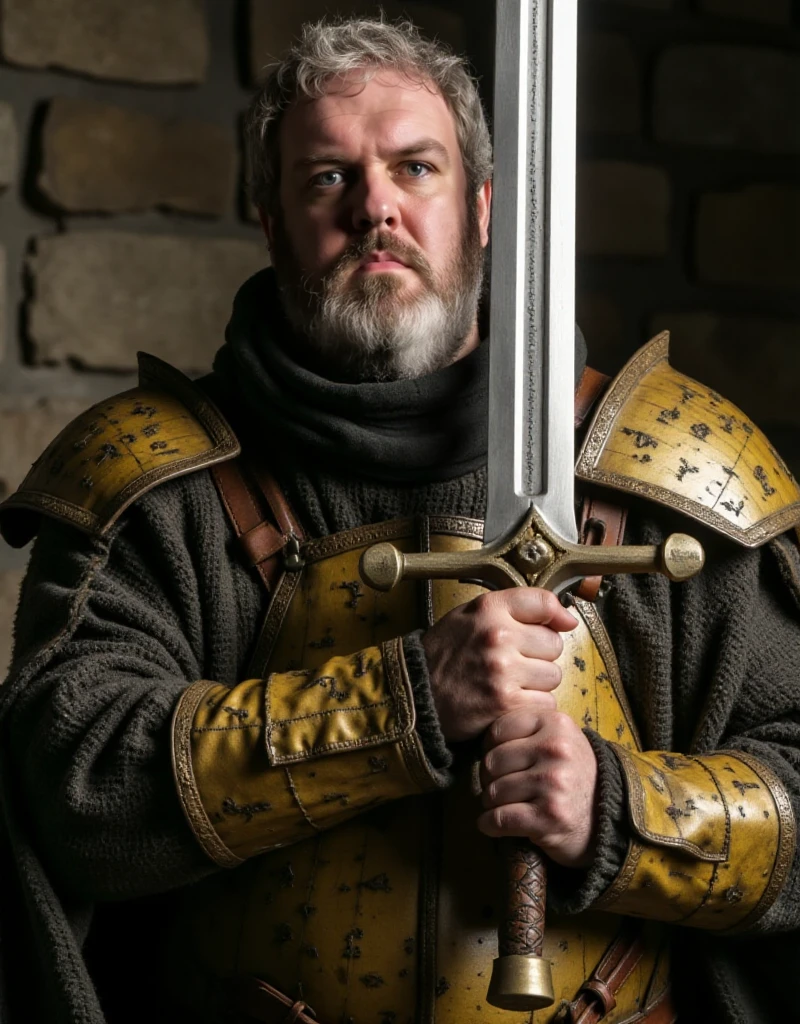 a movie still with Hodor, a man dressed with a medieval intricate golden armor and holds a huge sword<lora:Hodor:0.9>