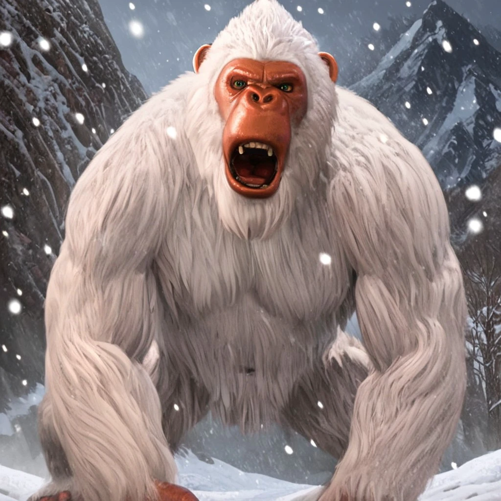 white fur, yeti, abominable snowman, big teeth, primate-like face, snowing, winter background, mountain, sunset, full body shot, shadows, details, fur details, trees, overcast, cave, standing, front facing, looking at viewer