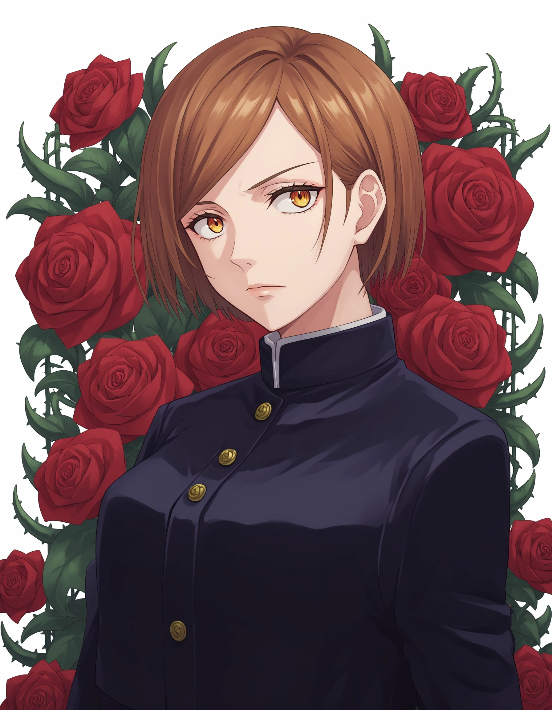 1girl, kugisaki_nobara, flower, rose, brown_hair, yellow_background, solo, thorns, red_flower, school_uniform, short_hair, brown_eyes, red_rose, simple dark_background, nail, upper_body, gakuran, flower_over_eye, plant, black_jacket, jacket, vines, score_9, score_8_up, score_7_up, masterpiece, best quality, very aesthetic, absurdres, <lora:57a177e0-e44e-45e4-a59d-d269af0302ec:0.7>